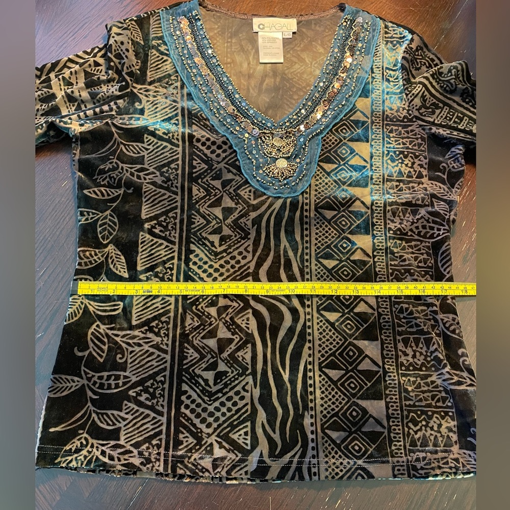 Vintage Unique Chagall Velvet Burnout Brown/Teal Top - Picture 8 of 10